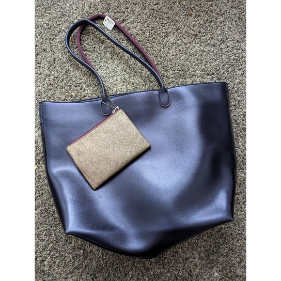 Black Faux Leather Tote Removable Gold Pouch & Burgundy Lining Bath & Body Works - Picture 1 of 2